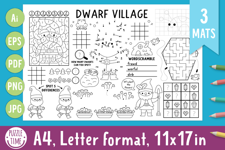 Dwarf village coloring activity play mats. Fantasy placemats