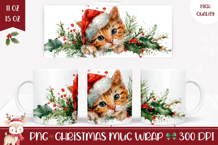 Watercolor Christmas Cat Mug Wrap, Christmas Animals Mug
