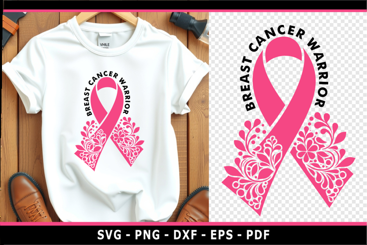 Breast Cancer Warrior SVG, Floral Pink Cancer Ribbon PNG