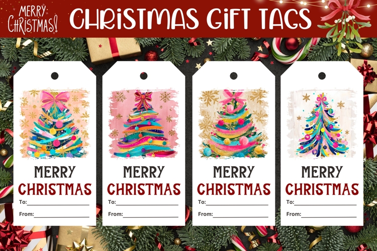 Abstract Christmas Tree Gift Tags, Pink Christmas Tags