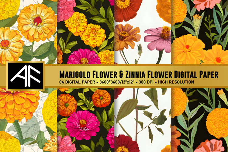 Marigold   Zinnia Flower Digital Paper | Flower Pattern
