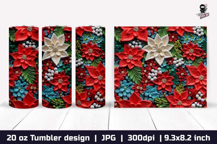 Poinsettia Flowers 3d, Christmas Flower Tumbler Sublimation example image 1