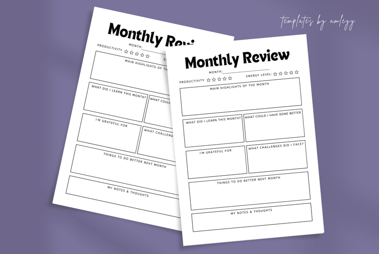 Monthly Review Planner Template Editable Canva Reflection