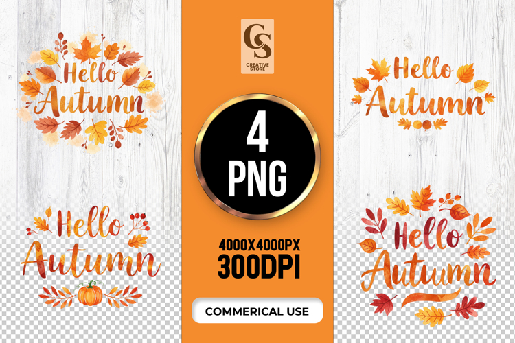 Hello Autumn Leaves Quote Clipart Sublimation PNG