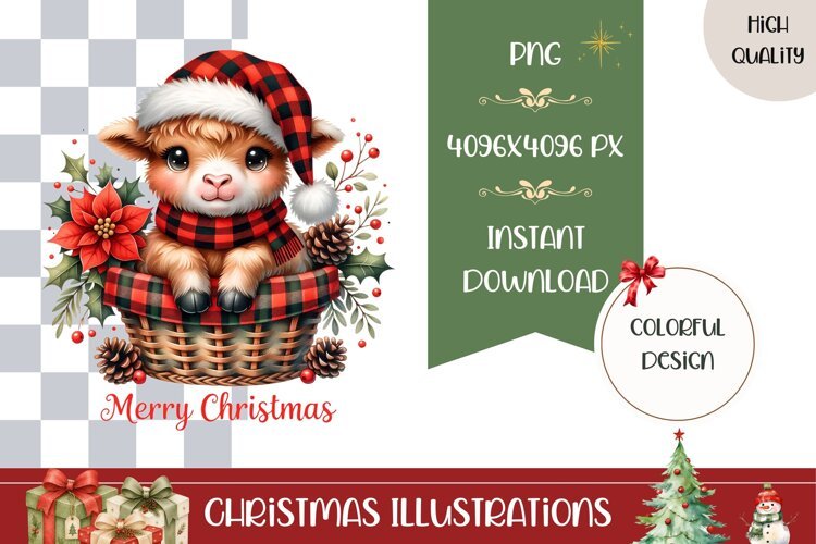 Cartoon Christmas Cow Illustration, Christmas Basket PNG example image 1