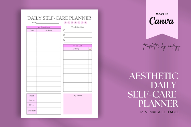 Aesthetic Daily Self-Care Planner | Editable Canva Template