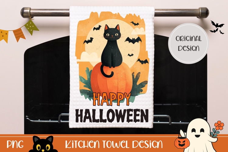 Cute Halloween Black Cat Towel, Cartoon Halloween Bats PNG