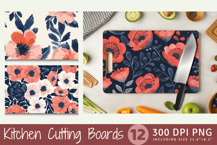 Coral   Navy Flowers Cutting Boards sublimation Design