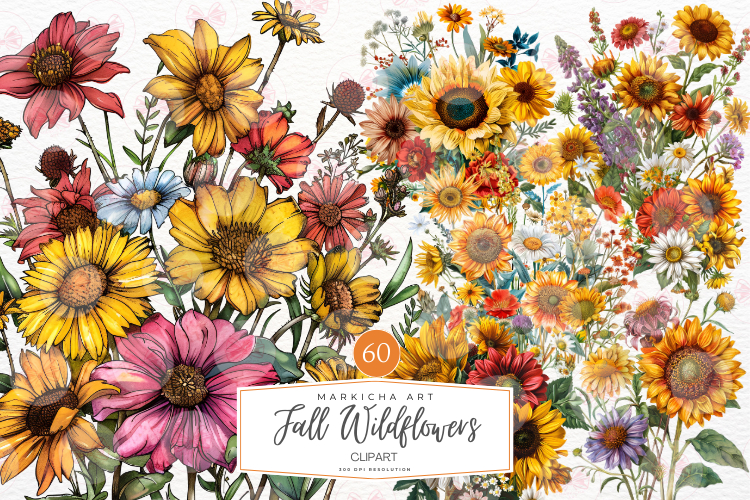 Fall Wildflowers Clipart, 60 Png Bundle