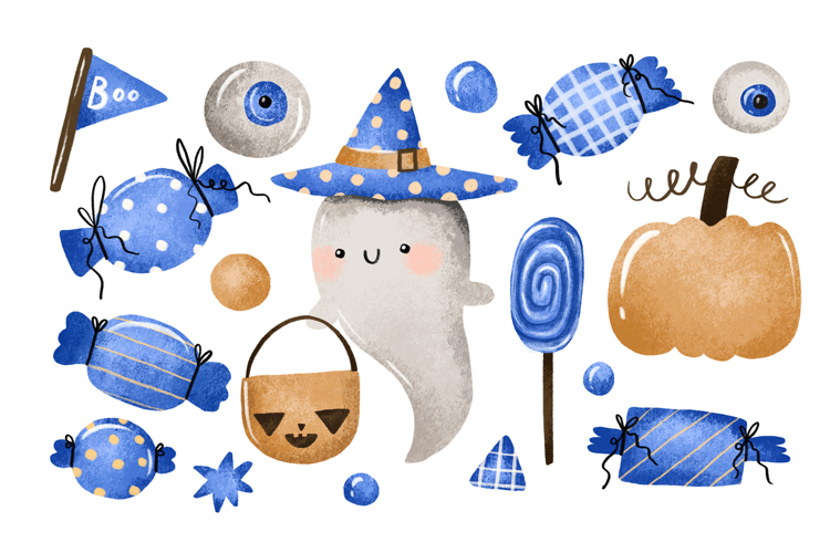 Cartoon Blue Halloween Ghost Spirit Set. Cartoon Funny Night