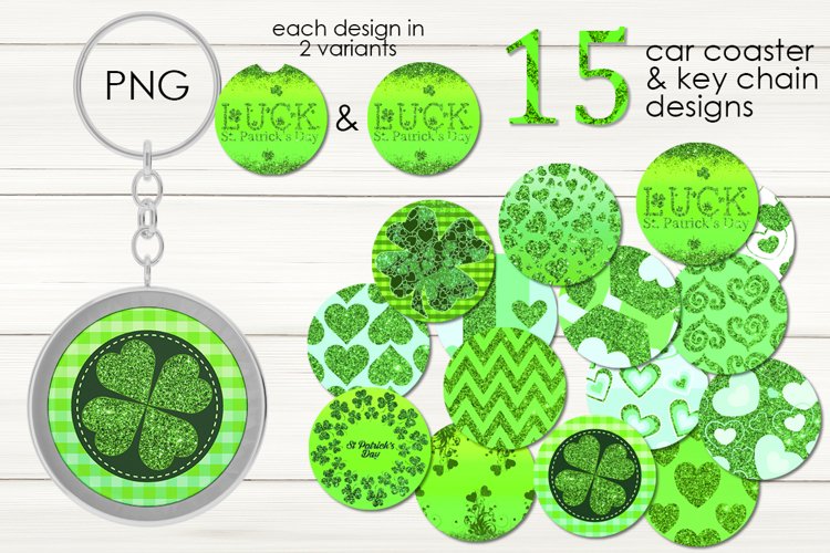 St. patrick's day car coaster & key chain glitter design set example image 1