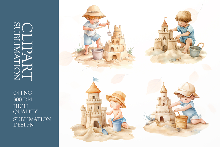 Watercolor kid sand castle clipart sublimation png