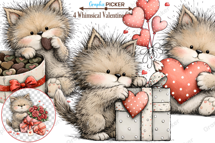 Whimsical Valentine Dogs Clipart, Valentines Day PNG