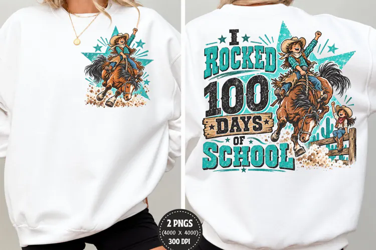 100 Days of School Cowgirl Front Back, Rodeo 100 Days Front