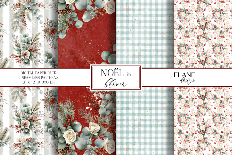 Floral Christmas Digital Paper, Winter Botanical Patterns