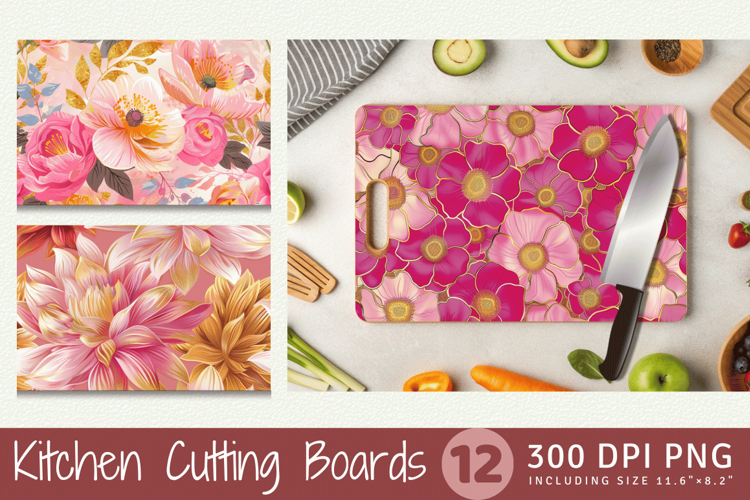 Pink & Gold Flowers Cutting Boards sublimation Design