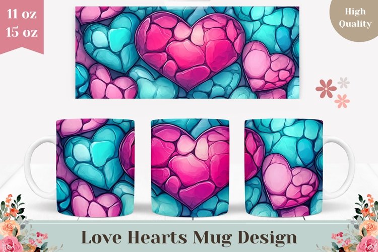Cartoon Love Mug Design, Pink Hearts Mug Template
