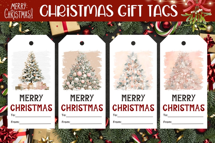 Watercolor Christmas Tree Gift Tags, Pink Christmas Tags