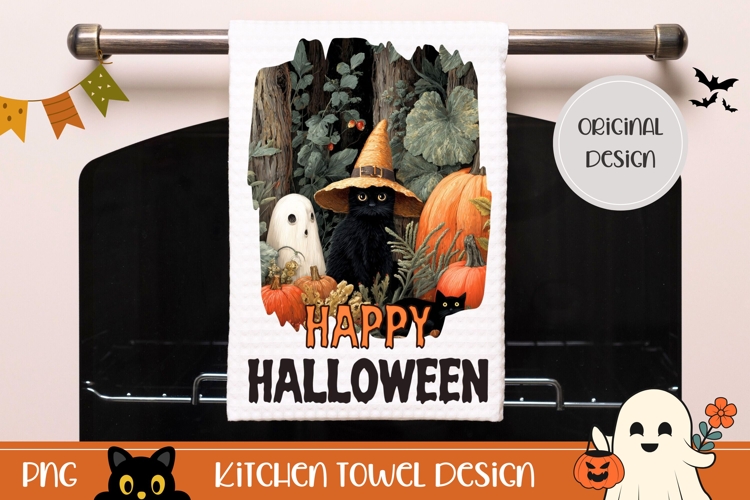 Happy Halloween Ghost Towel, Halloween Black Cat PNG
