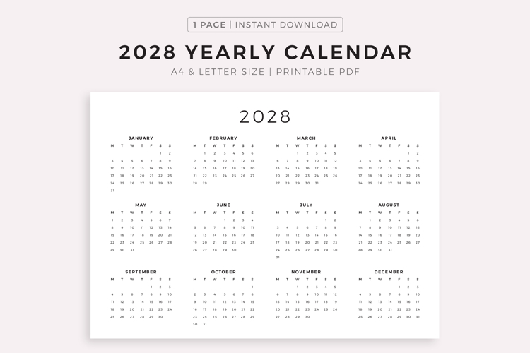2028 Year Calendar Printable Landscape, Printable, A4/Letter example image 1
