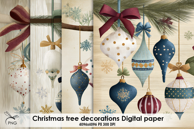 Christmas tree decorations digital paper, background clipart