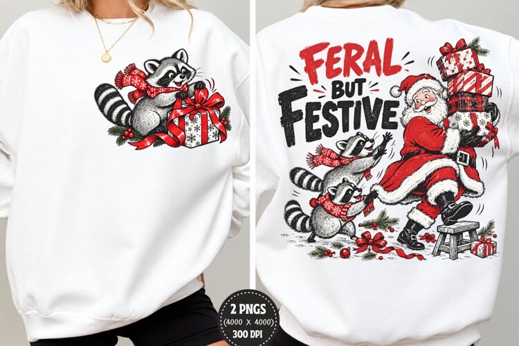 Feral But Festive Front Back PNG, Christmas Raccoon Front Ba example image 1
