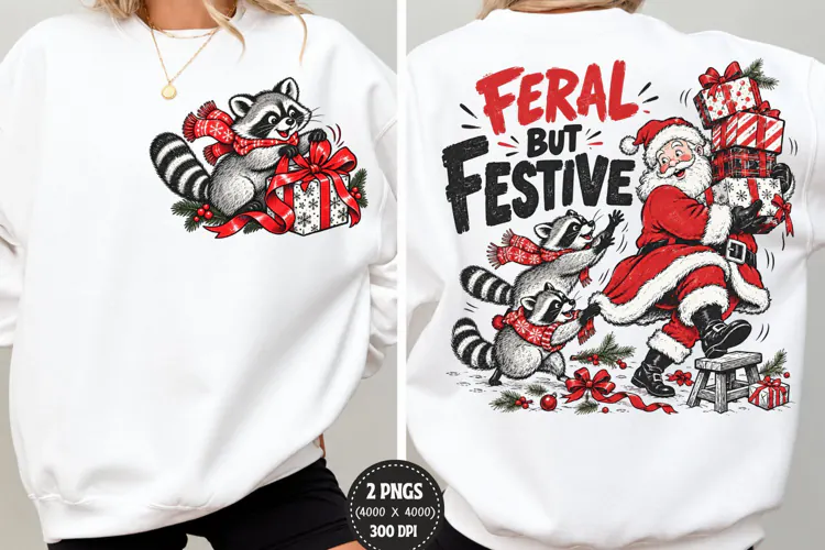 Feral But Festive Front Back PNG, Christmas Raccoon Front Ba