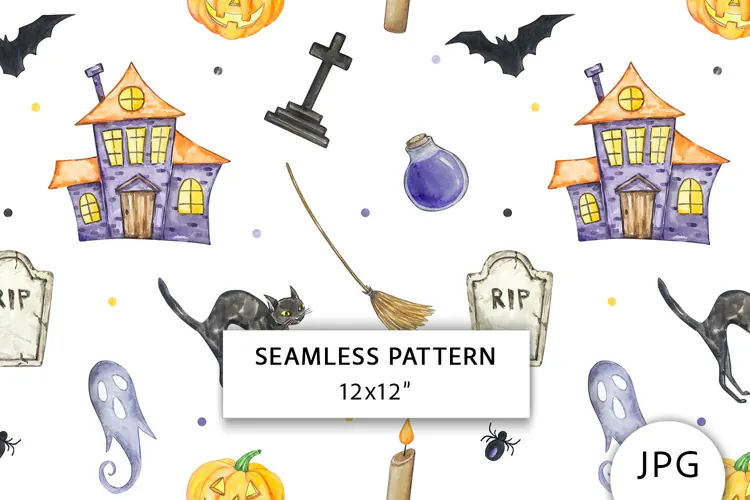 Watercolor Halloween Seamless Pattern