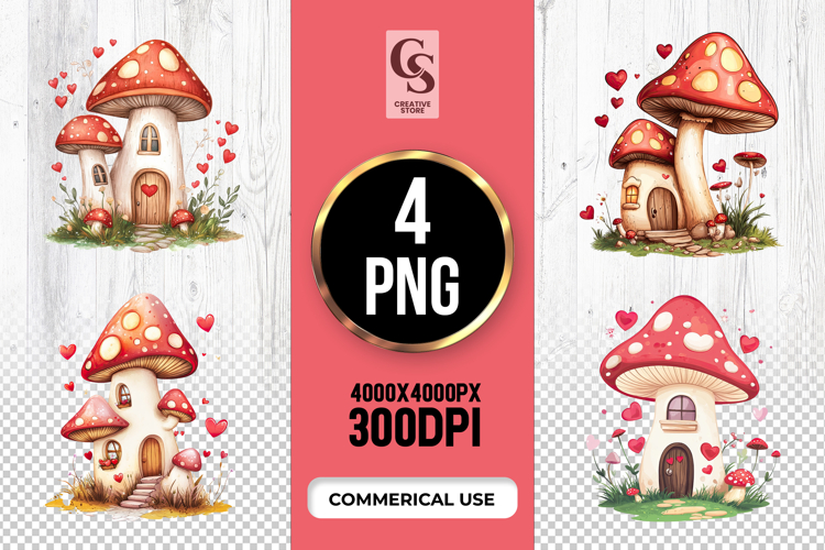 Cute Mushroom House Red Heart Clipart Sublimation PNG