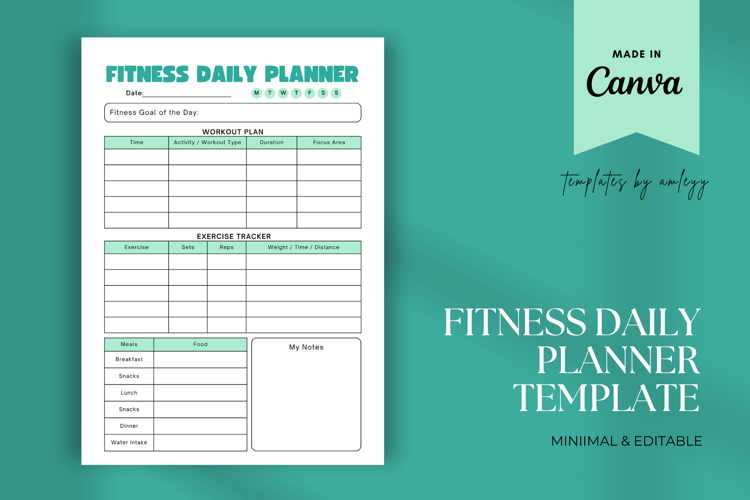 Fitness Daily Planner Editable Canva Workout & Wellness