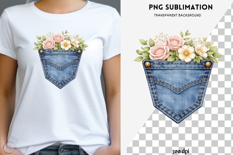 Denim pocket flowers png design for T-shirts