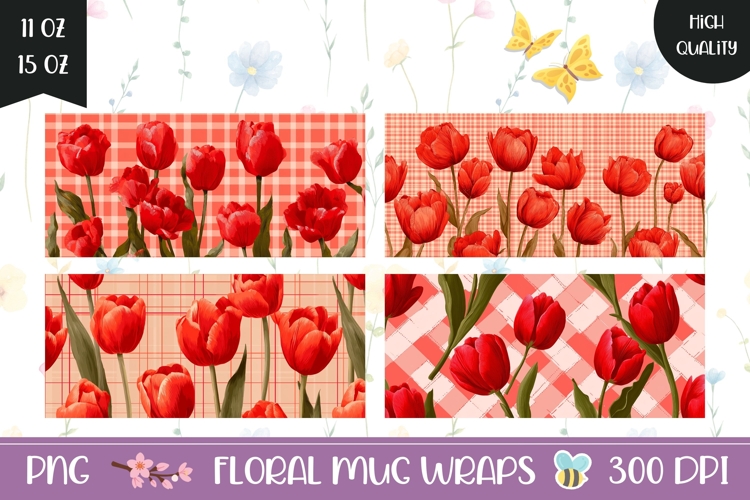 Red Mug Wrap Designs, Red Tulips Mug Template