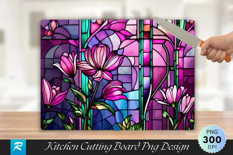 Pink Stained Glass Flowers Cutting Board Sublimation Design