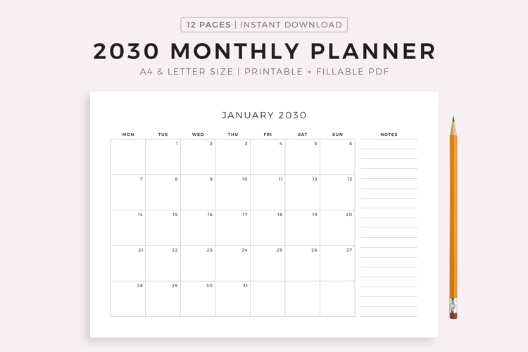 2030 Monthly Planner Landscape, Printable, A4/Letter Size