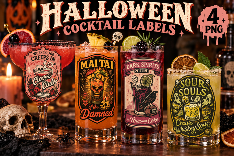 Haunted Cocktail Labels PNG, Dark Spirits Halloween Drinks