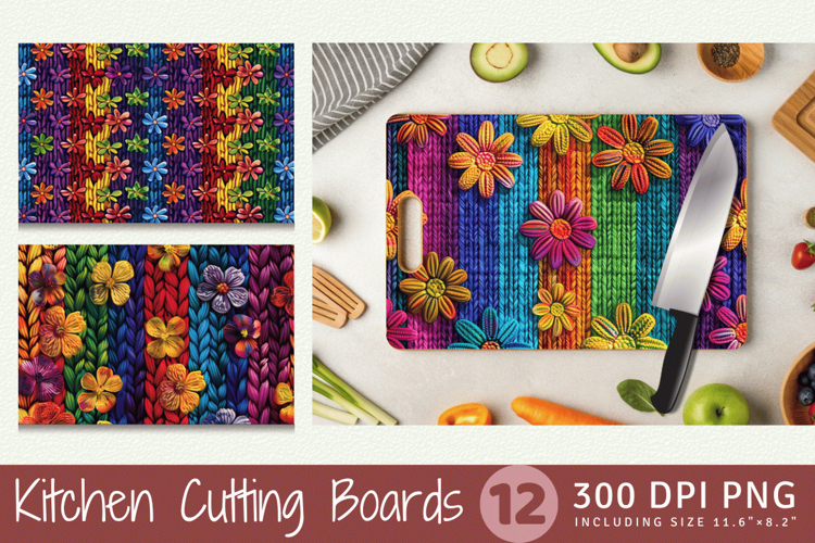 Rainbow Knitted Flowers Cutting Boards sublimation Design