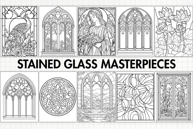 Stained Glass Masterpieces 10 A4 PNG Coloring Pages example image 1