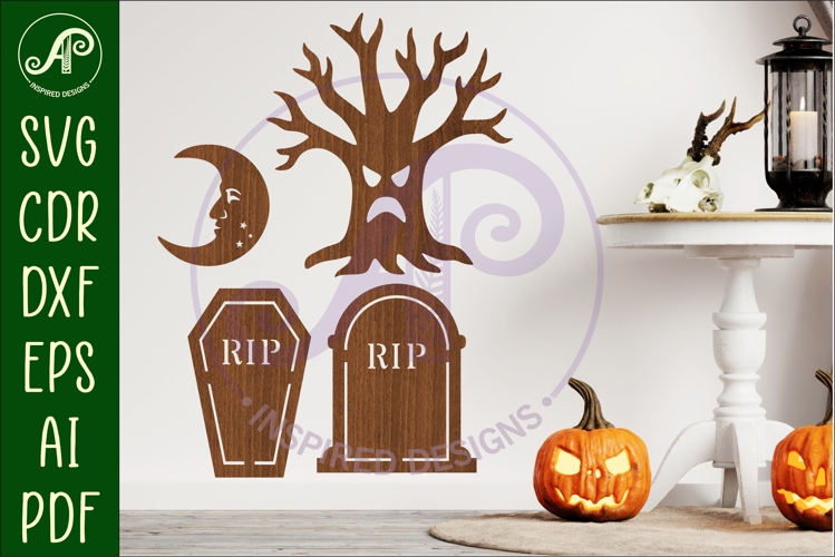 Halloween Silhouette shapes tombstone and tree