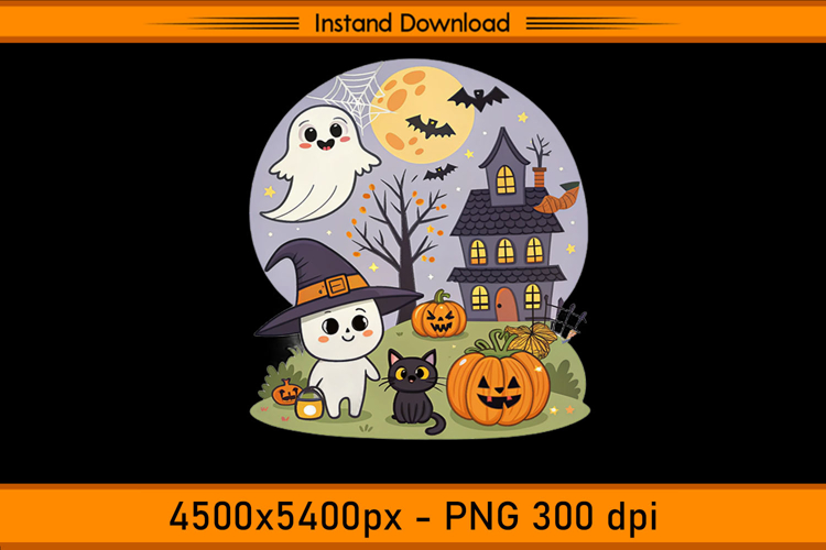 Cute Christmas Ghost Cat and Pumpkin House PNG
