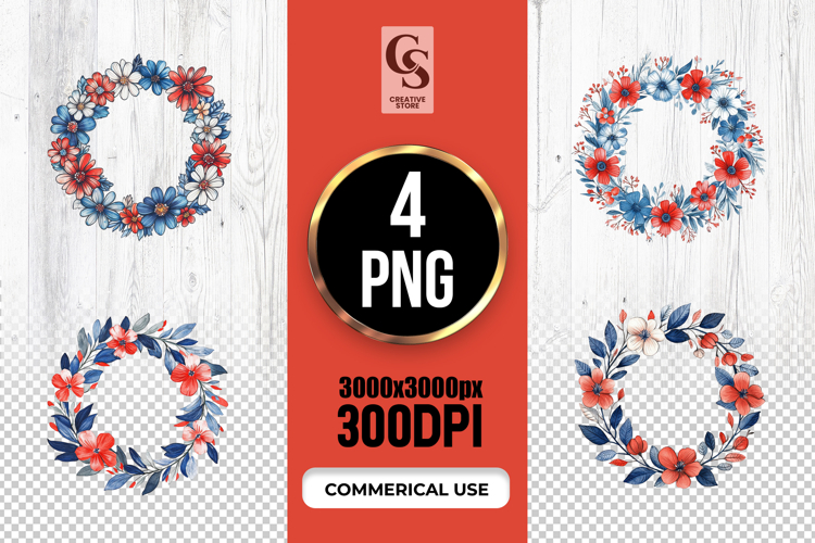 Watercolor Patriotic Floral Wreath USA Red Blue Clipart PNG