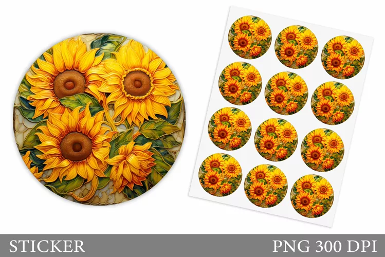 Sunflowers Sticker Design. Round Sticker Flowers