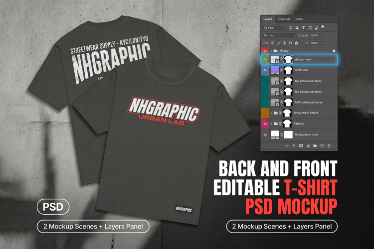 Streetwear Wash Effect T-Shirt PSD Mockup Bundle Front Back