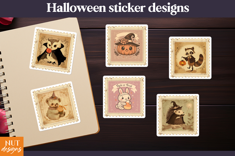 Vintage Halloween Stamps Stickers Cute Witchy Post Stamp
