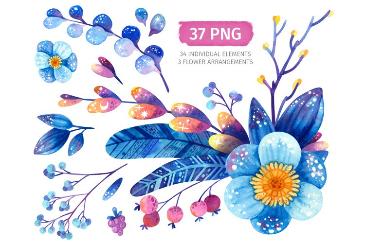 Watercolor blue flowers, botanical clipart