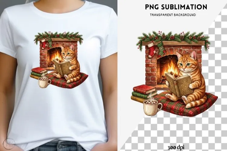 Christmas bookish cat png design for T-shirts
