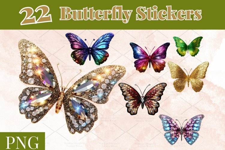 Digital sticker set with 22 glitter butterfly stickers PNG