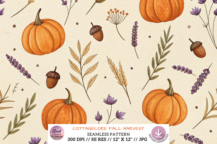 Cottagecore Fall Harvest Digital Paper, Seamless Pattern