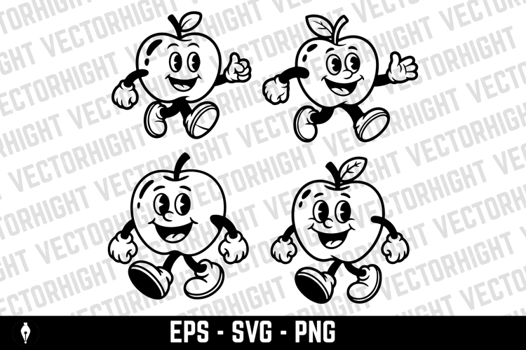 A black and white cartoon mascot of a cheerful apple