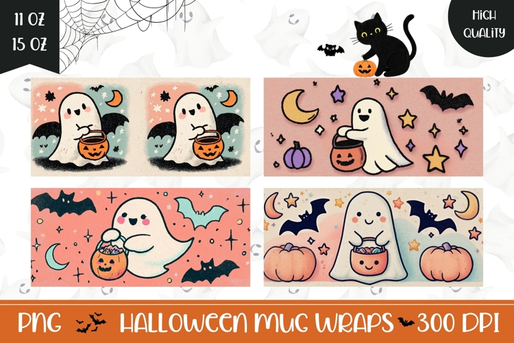 Doodle Halloween Ghost Mug Template, Pumpkins Mug Wrap