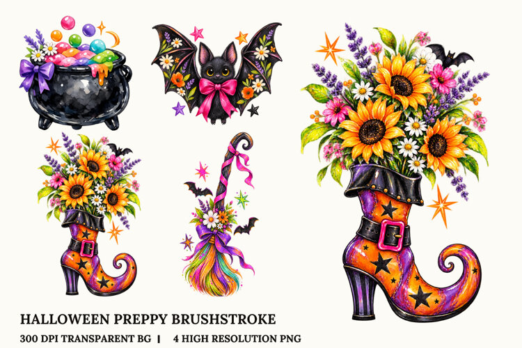 Preppy Halloween Witch Floral Watercolor PNG example image 1
